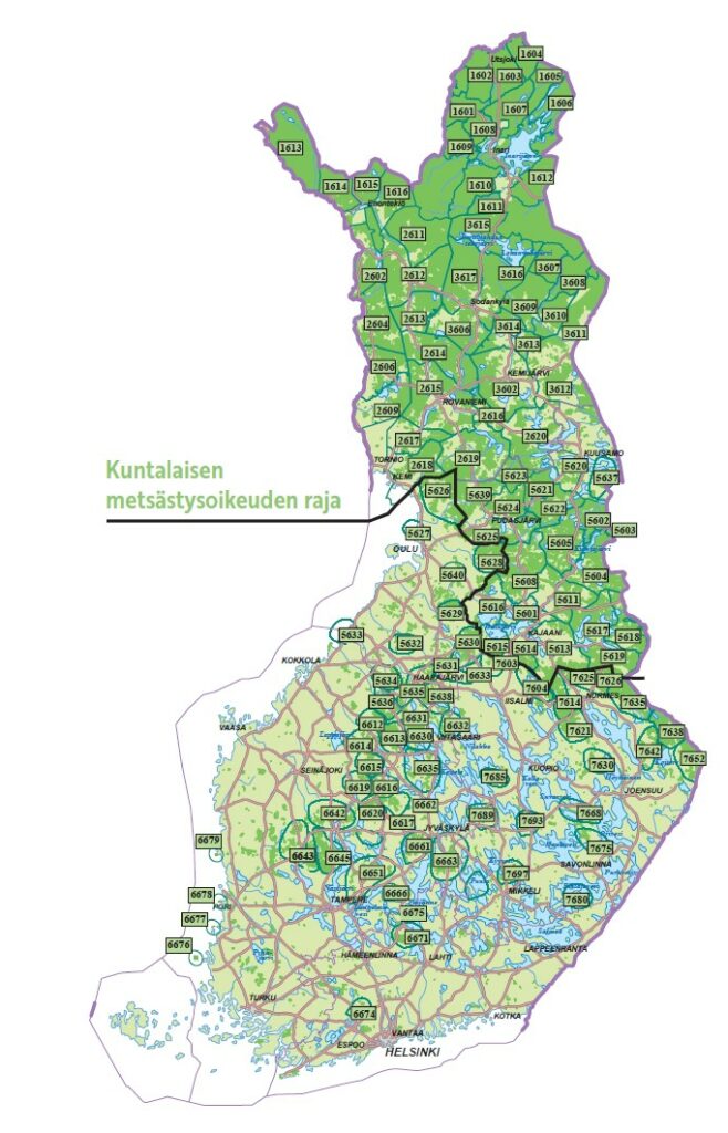 Karttakuva Metsähallituksen erälupa-alueista.